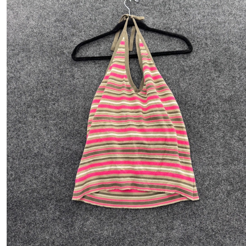 Gap Stretch Womens Large Pink Green Striped Halter Top Y2K Cotton Blend L